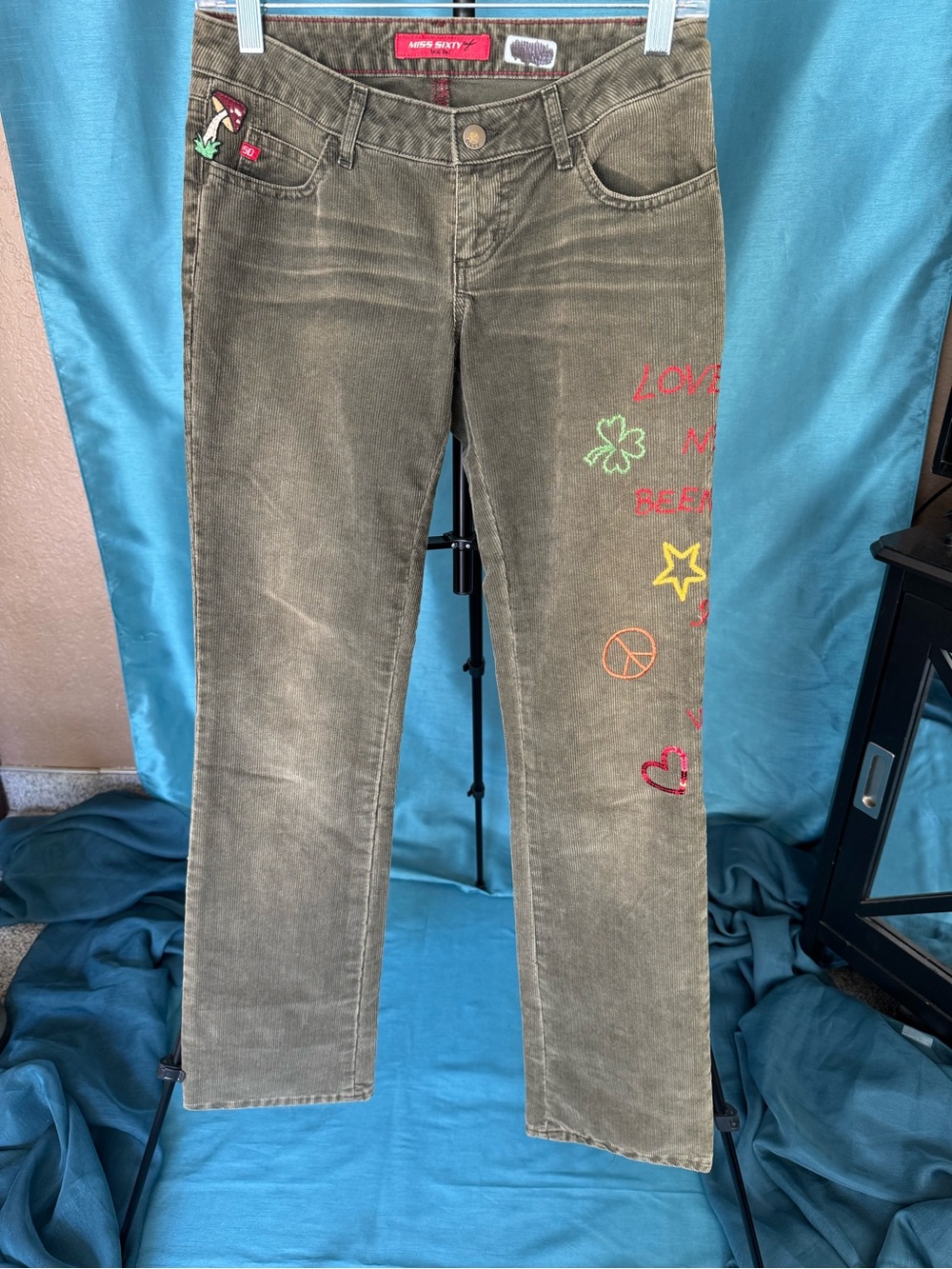 Vintage Y2K Miss Sixty Low Rise Corduroy Pants Size 26 Embroidered Fairy Grunge